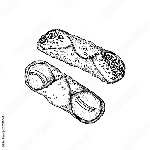 Hand drawn sketch style Italian dessert cannoli. Fried sweet pastry and ricotta cheese cream. Chocolate and fruit decorated. Traditional Italian and Sicilian sweets. Vector illustration.