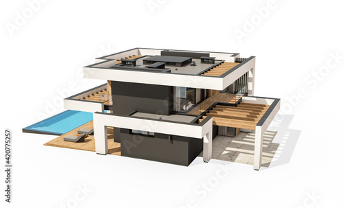 3d rendering of modern cozy house with pool and parking for sale or rent in luxurious style. Isolated on white
