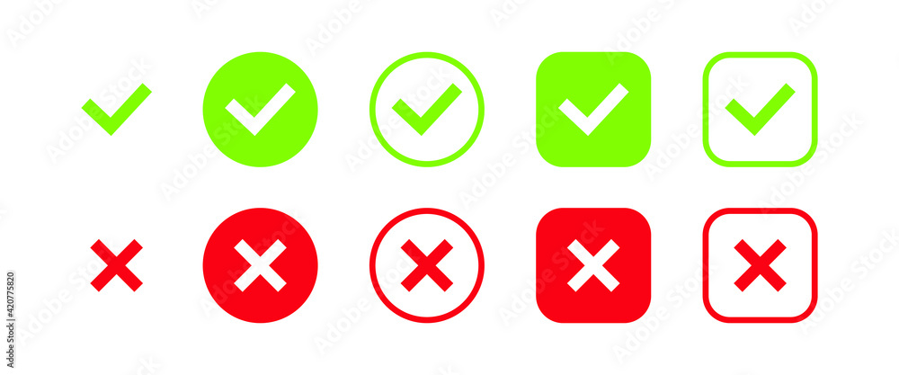 Set of check mark and cross icons. Button symbol for: Accepted or Rejected, Approved or Disapproved, Yes or No, Right or Wrong, Green or Red, Correct or False. Set of check mark and cross icons. Button symbol for: Accepted or Rejected, Approved or Disapproved, Yes or No, Right or Wrong, Green or Red, Correct or False.