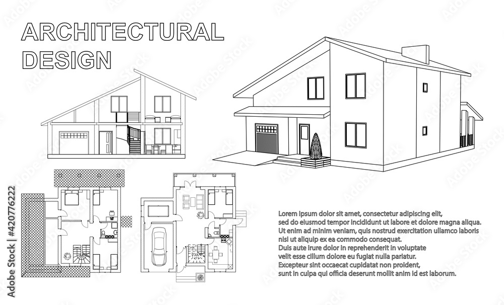 Perspective 3D, floor plan and cross section suburban house. Drawing of the modern building. Cottage project on white background. Vector blueprint.