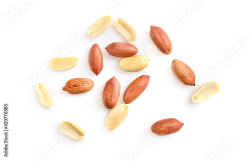 Unpeeled and peeled peanuts isolated on white