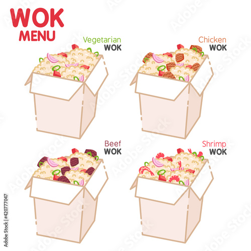 Wok with rice, vegetables, shrimps, beef, chicken. Traditional asian food. Chinese, Japanese cuisine. Fast food takeout in a box. Minimalistic flat design. Isolated clipart set