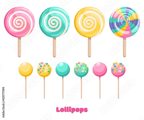 Bright colored lollipop. Sweet dessert for kids. Candy on a stick. Rainbow, pink, blue, yellow spiral ball. Isolated cartoon illustration
