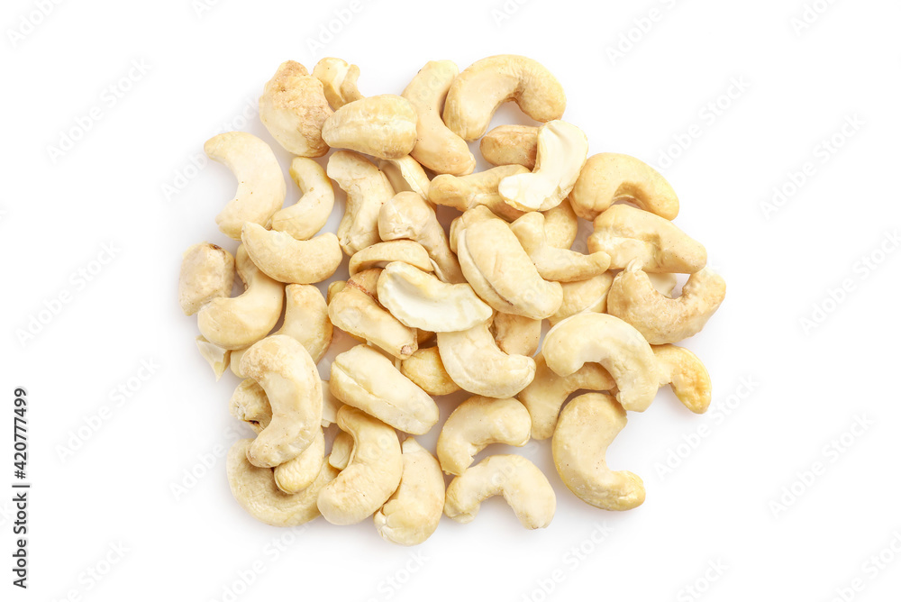 Tasty raw cashew nuts isolated on white Tasty raw cashew nuts isolated on white