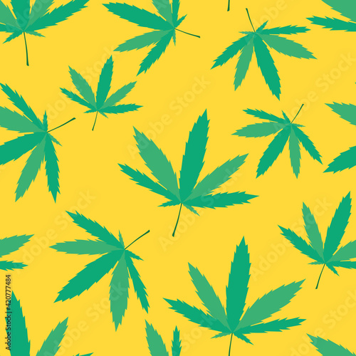 Green leaf of cannabis. Marijuana. Drugfor relaxation. Seamless background with pattern.