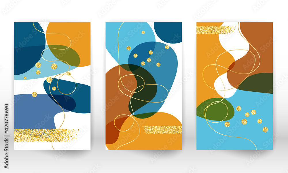 Abstract cover template. Set of geometric shapes and lines. Watercolor painting texture brochure design. Minimalist hand painted shapes and gold particles.