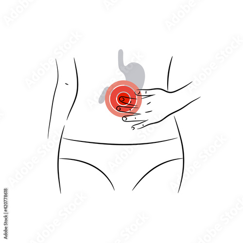 Stomach pain vector illustration. Woman suffers from abdominal ache. 