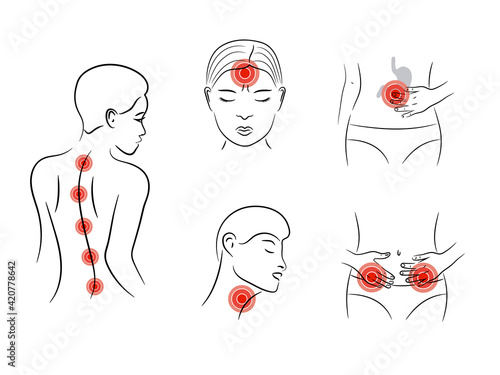 Pain vector set. Body aches in different parts. 