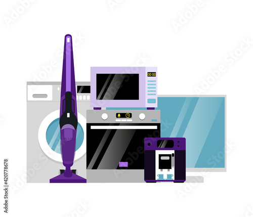 Household appliances. Group of home appliances on white background.