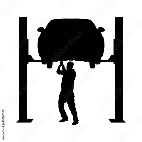 car mechanic under elevator silhouette