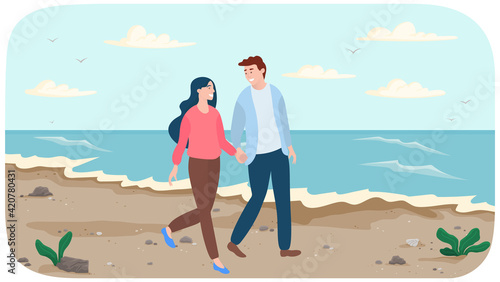 Young couple in relationship walks by handle near ocean bank. People are walking on beach