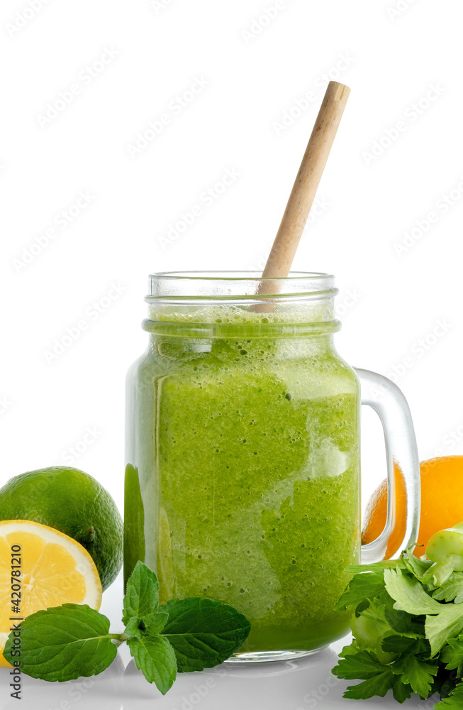 Healthy green smoothie with spinach in glass jars. Healthy green smoothie with spinach in glass jars.