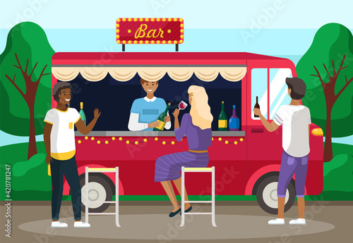 Truck with bartender making alcohol drink for young people. Men buying cocktails from outdoor bar