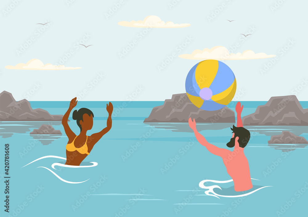 Young couple is throwing big ball to each other in water. Guy with girl playing volleyball in ocean