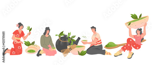 Banner with people drink green tea or powdered Matcha tea. Men and women brewing fresh green tea leaves, flat vector illustration isolated on white background.