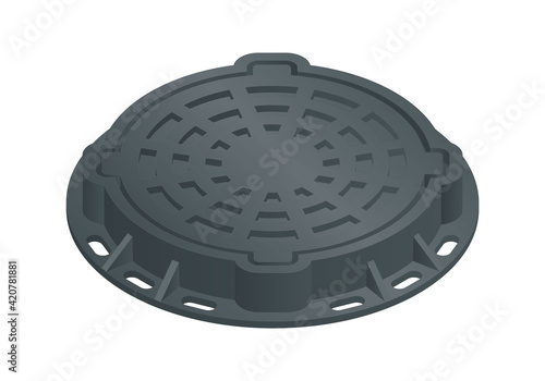 Vector illustration closed sewer hatch isolated on white background. Realistic manhole cover icon in flat cartoon style. Well hatch. Сlosed sewer pit with a hatch. Construction material.