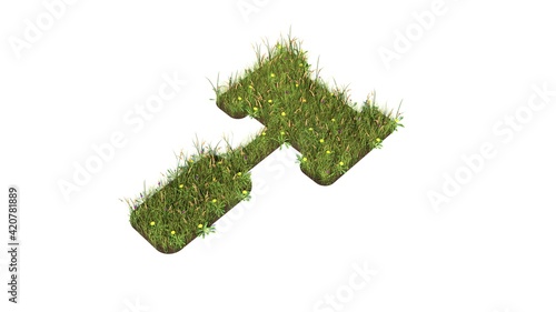 3d rendered grass field of symbol of gavel isolated on white background