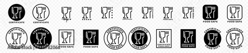 Set of stamps. Labeling - not food grade or non food grade materials. Glass and fork flat icon stamp set. Vector grouped elements.