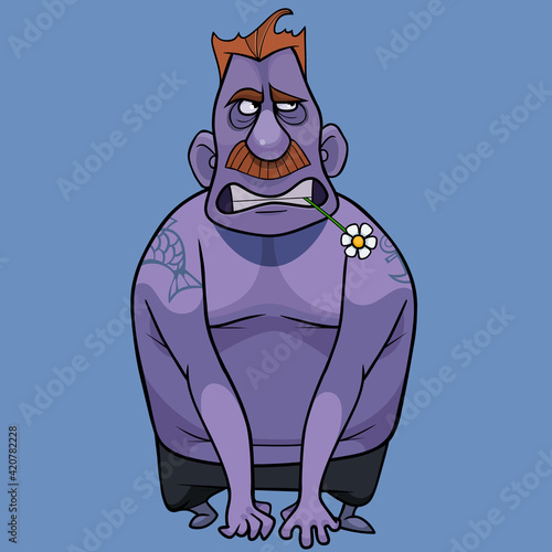 disgruntled cartoon blue man with a flower in his teeth