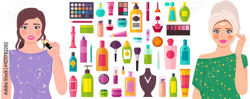 Decorative cosmetics tools a set of bottles and sprays. Beauty products collection and a cute girls