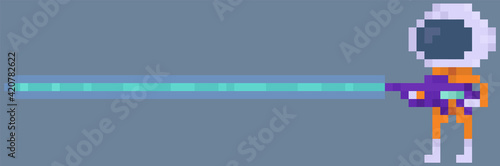 Pixelated astronaut shooting. Man standing with blaster in his hands. Alien in spacesuit with weapon