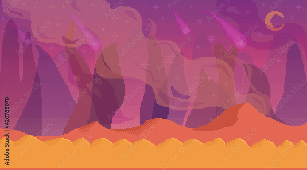 Orange pixel alien sky with ground and flames. Outer space with red gradient as background for game