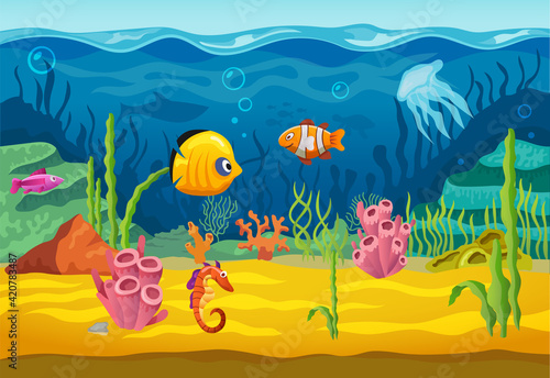 Sea underwater fishes, cartoon aquarium background