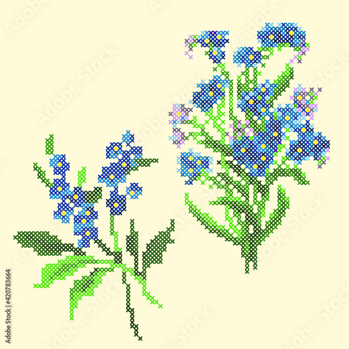 vector illustration cross stitch blue flowers