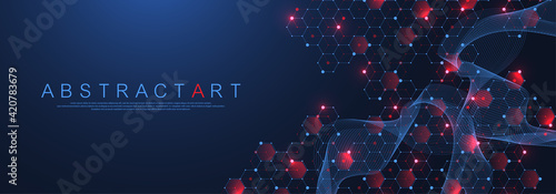 Technology abstract lines and dots connect background with hexagons. Hexagon grid. Hexagons connection digital data and big data concept. Hex digital data visualization. Vector illustration.