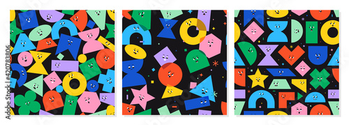 Set of seamless pattern with cute cartoon geometric figures with different face emotions. Colorful funny characters, trendy vector illustration, various basic figures. Poster for kids.