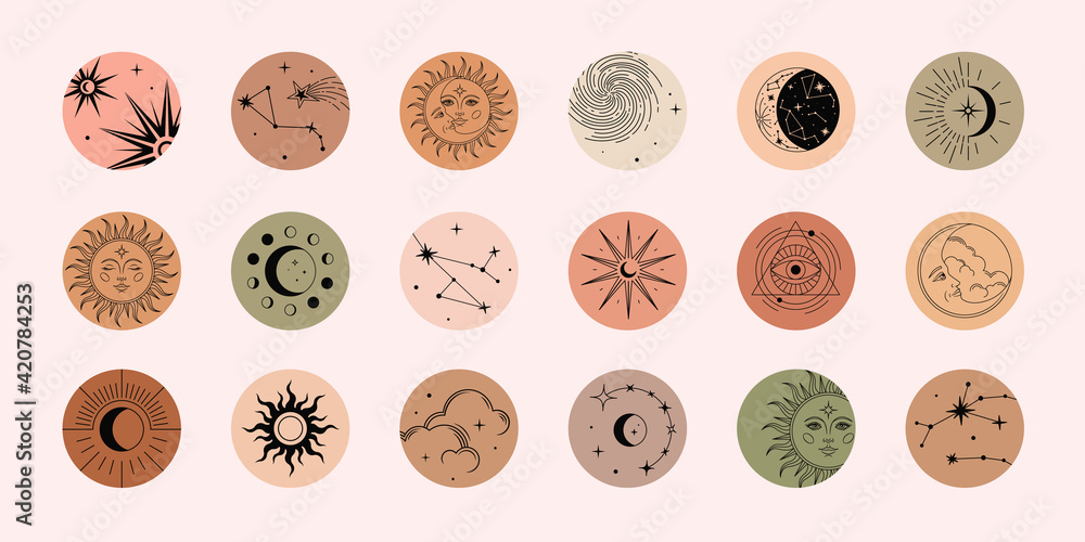 Vector set of highlights with moon, sun, clouds, stars and constellations. Mystical magic elements, spiritual occultism objects. Trendy colors, minimal style.