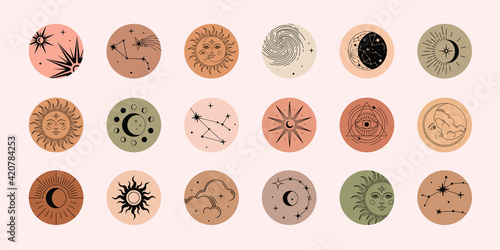 Photographie Vector set of highlights with moon, sun, clouds, stars and constellations