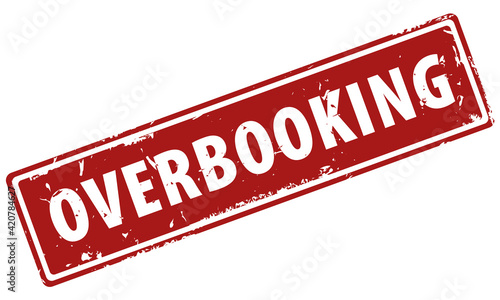 Overbooking red square filled rubber stamp icon isolated on white background. Overbooked stamp label.