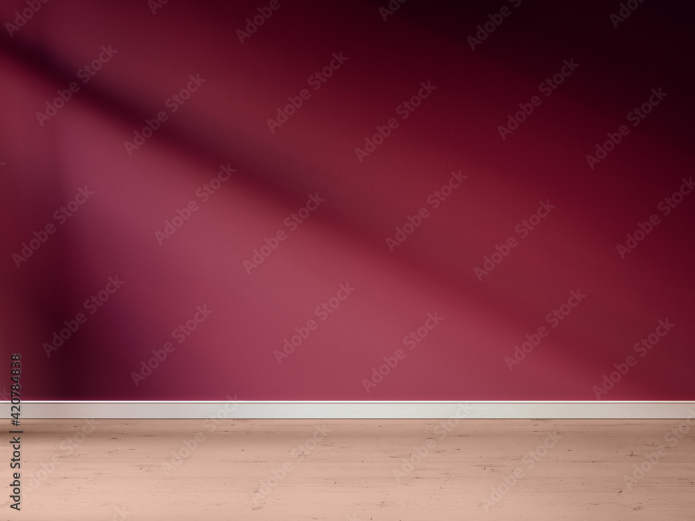3D rendering of empty room for advertisement. Wooden floor and burgundy red wall.