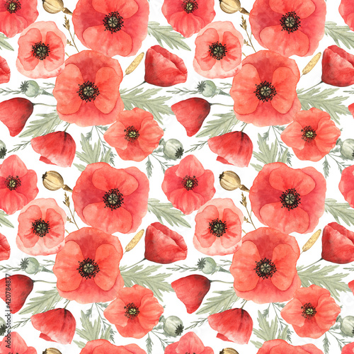 Seamless pattern with red poppies  green leaves and wild herbs on white background. Watercolor illustration. For fabric  wallpapers  fashion design  wrapping paper and more. 