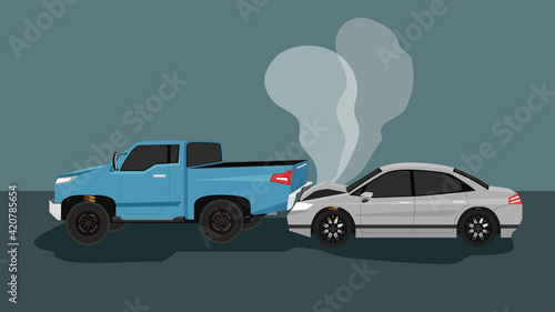 Fototapeta Naklejka Na Ścianę i Meble -  Accident of a passenger car sedan Crashed into the back of the pickup truck. Until the front was damaged and steam was gushing out of the car.