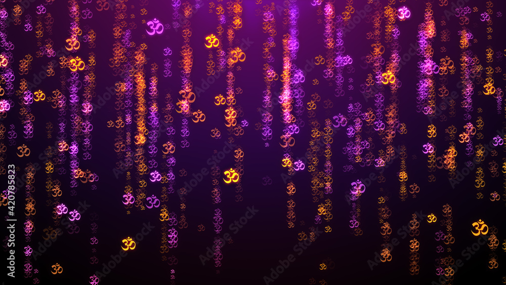 Artistic Gold Purple Abstract Shiny Glitter Hinduism Omkara Devanagari Symbol Confetti Shapes Falling Rain Background - obrazy, fototapety, plakaty 