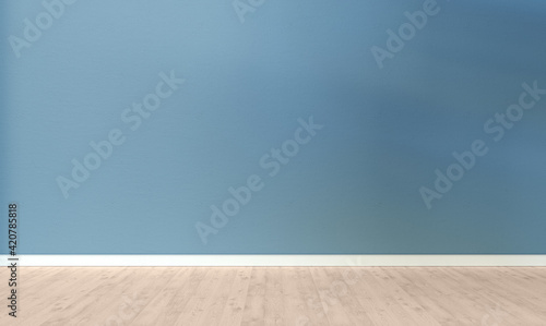 Light blue textured wall and wooden floor in empty room for displaying your product, light coming through window.