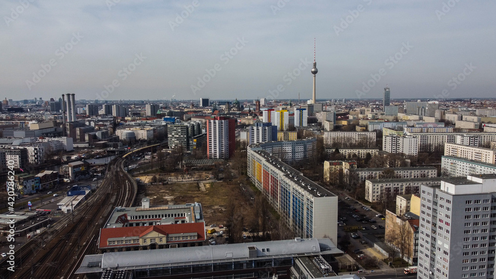 Typical aerial view over the city of Berlin with TV tower - urban photography