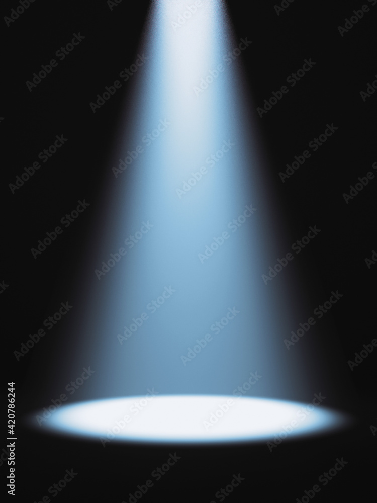 Defocused view on empty studio background lit from top by round spotlight. Visible light cone. Place for displaying product. - obrazy, fototapety, plakaty 