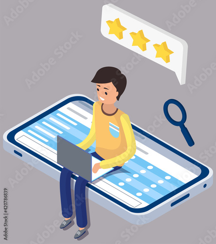 Man is working or studying on laptop. Work with star rating system. Online learning concept