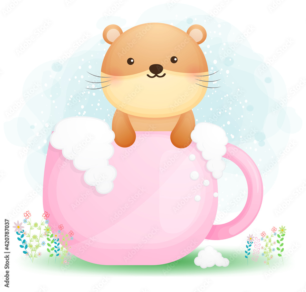 Cute doodle otter showering in the cup cartoon character Premium Vector Cute doodle otter showering in the cup cartoon character Premium Vector