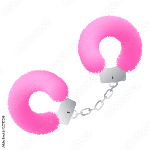 Pink fur handcuffs. Erotic toy for intimate games.Vector illustration isolated on white background.