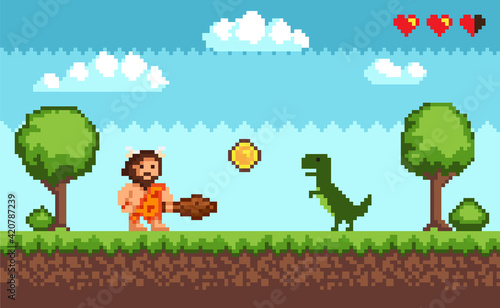 Pixel art background with primitive man and dinosaur. Pixelated scene with caveman, green dragon