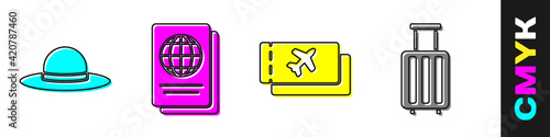 Set Elegant women hat, Passport, Airline ticket and Suitcase icon. Vector
