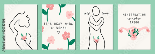 Set of hand drawn elements of women menstruation period theme, feminine hygiene products as pads, menstrual cups, etc.