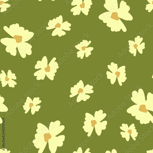 Abstract seamless pattern with botany flowers random yellow ornament. Green olive background. © Lidok_L