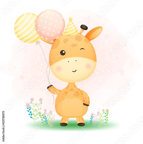 Dekoracja na wymiar  cute-doodle-baby-giraffe-holding-balloons-on-the-grass-premium-vector