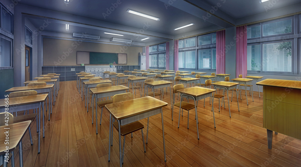 High school classroom in the Rain, Anime background, 2D illustration. Stock  Illustration | Adobe Stock
