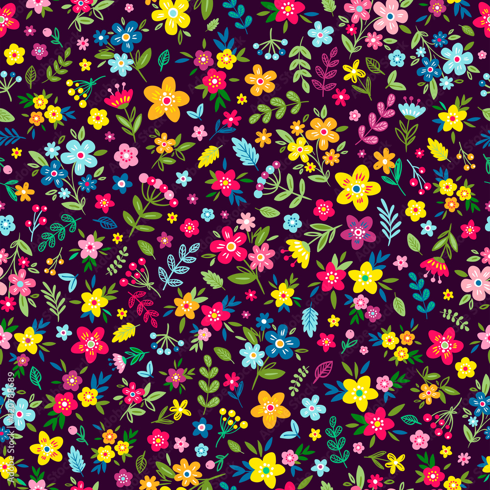 Vector seamless background in doodle style with cute flowers and leaves. Feminine floral graphic design elements. Flat style design. Cute floral illustration. Child cartoon flower Vector seamless background in doodle style with cute flowers and leaves. Feminine floral graphic design elements. Flat style design. Cute floral illustration. Child cartoon flower